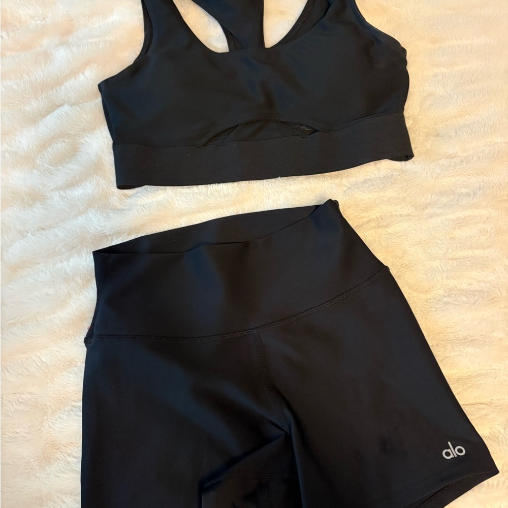 ALO Yoga Black Athletic Shorts and Sports Bra Set